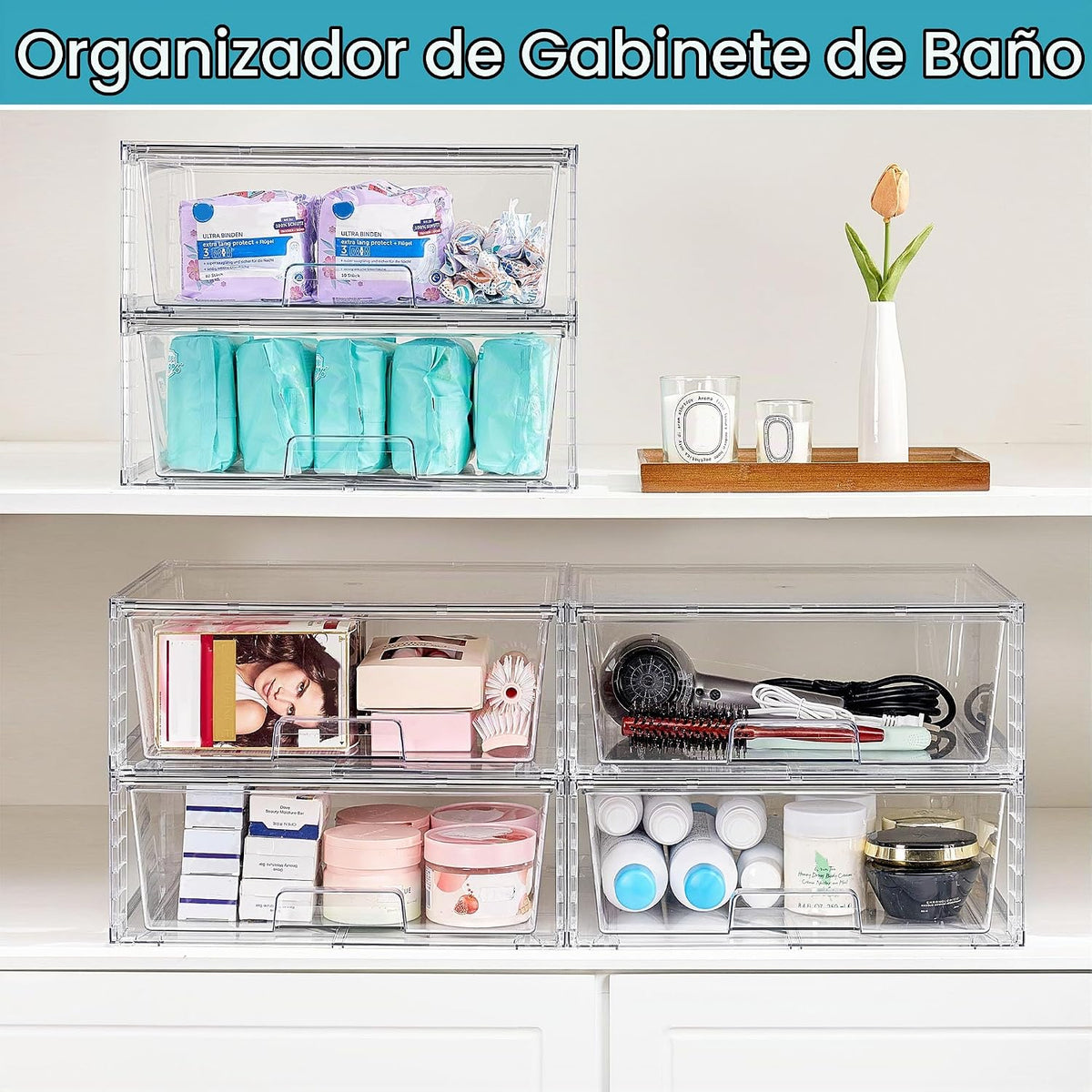 Vtopmart Paquete de 6 cajones de almacenamiento apilables transpare...