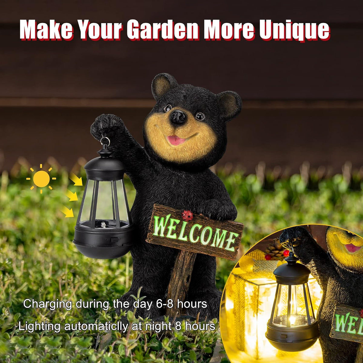 Estatua de oso de jardín Juegoal con farol LED solar, letrero de bi...