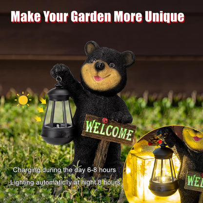Estatua de oso de jardín Juegoal con farol LED solar, letrero de bi...