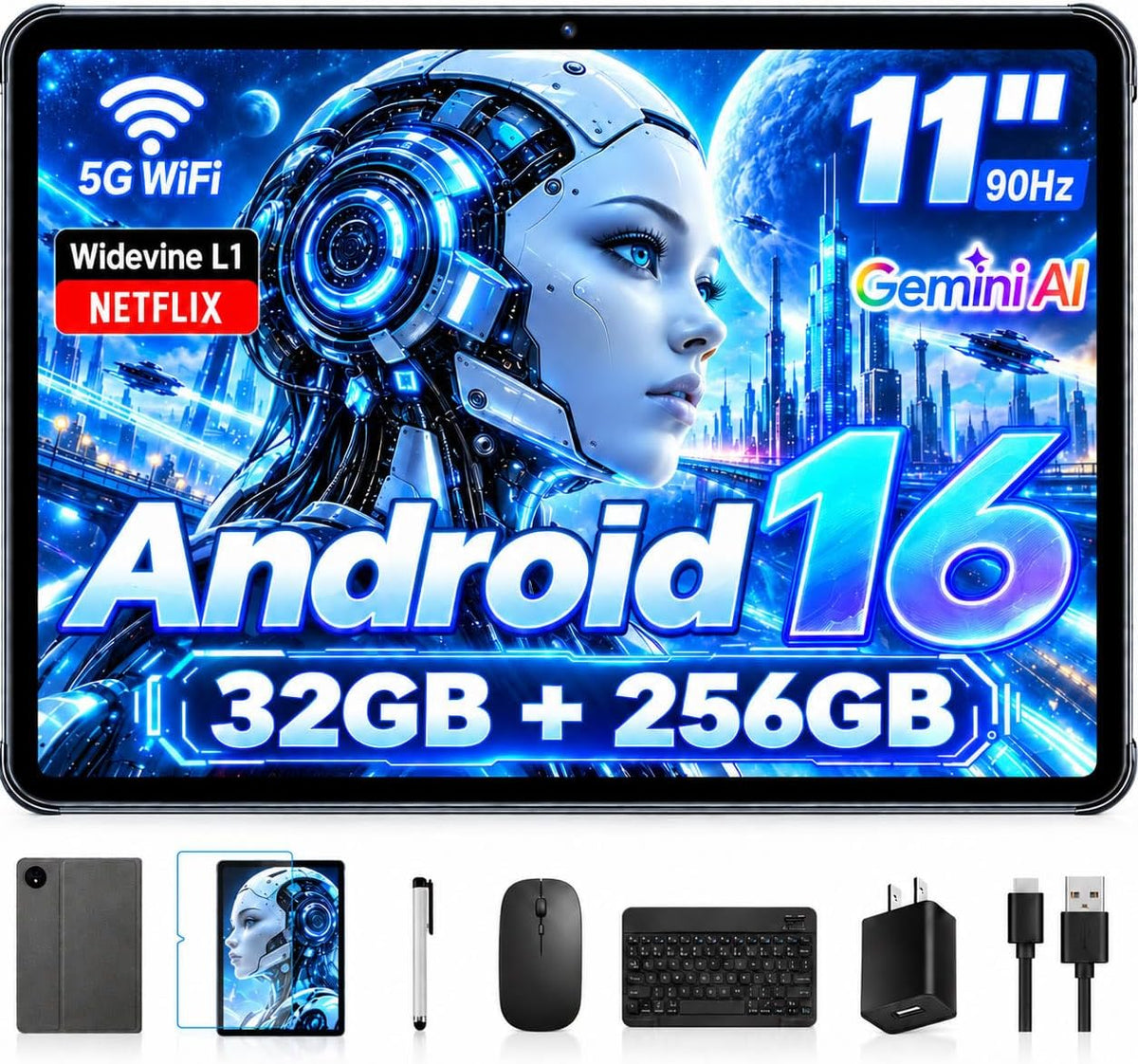 Tablet Android 16 de 11 pulgadas con teclado, 32 GB de RAM + 256 GB...