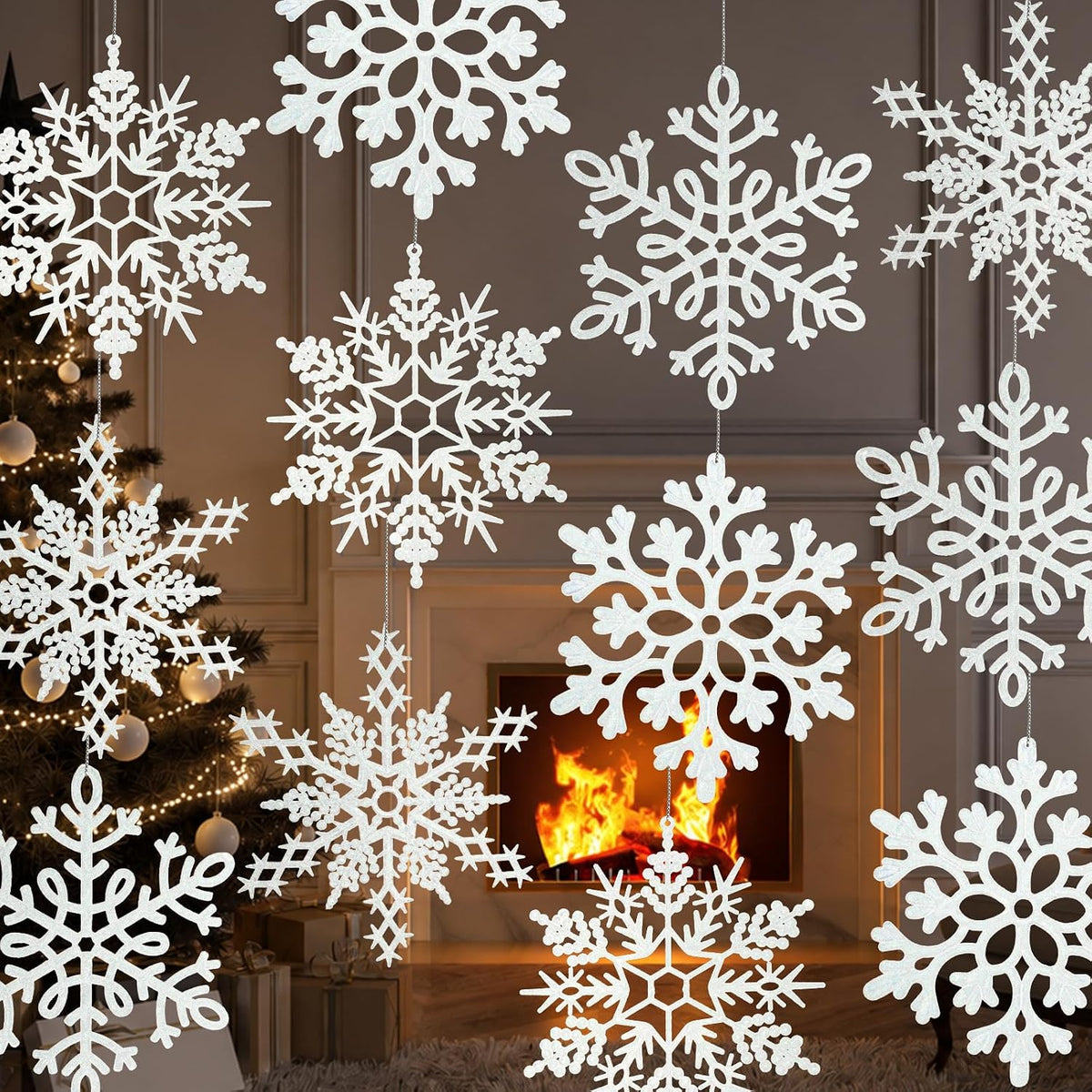 12 adornos grandes de copos de nieve de Navidad, adornos de copos d...