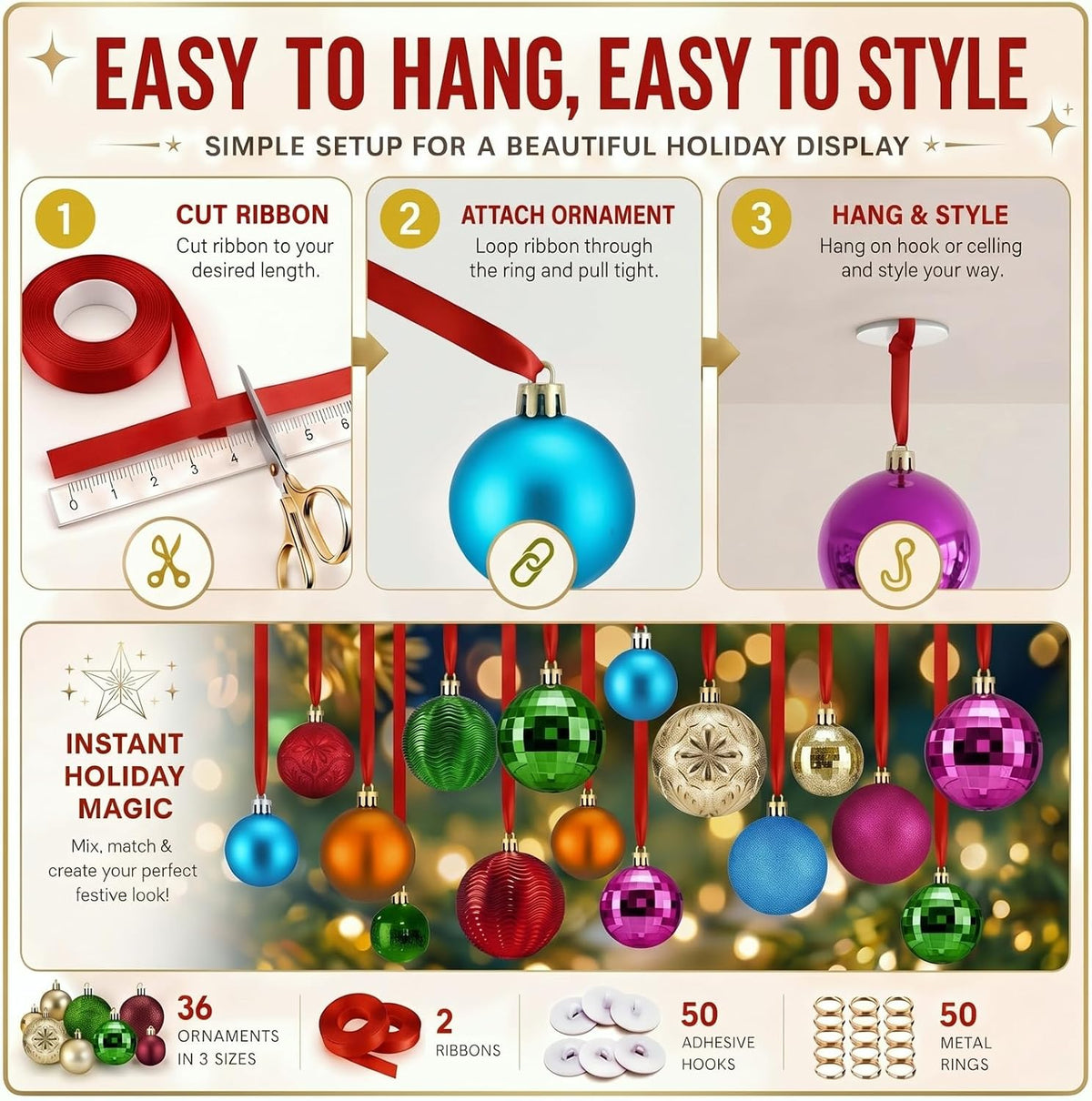 Relaxgiant 36 bolas de Navidad para techo, multicolor | Tamaños sur...
