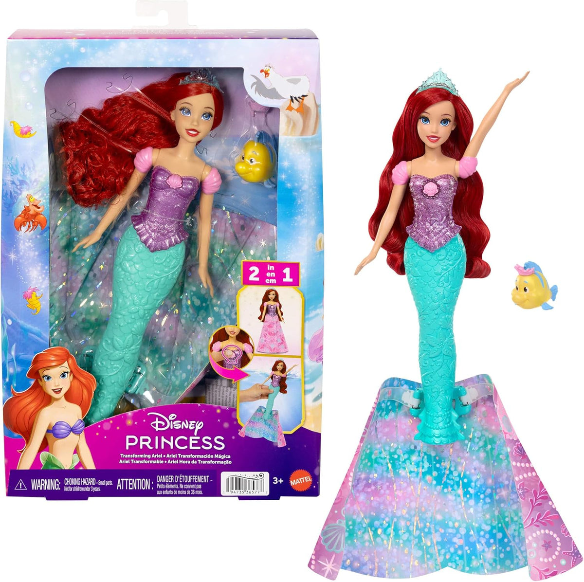 Mattel Disney Princess Ariel - Muñeca transformadora de humano a si...