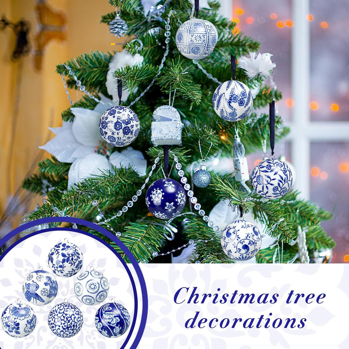 Cindeer - 12 bolas de porcelana de Navidad azules y blancas, estilo...