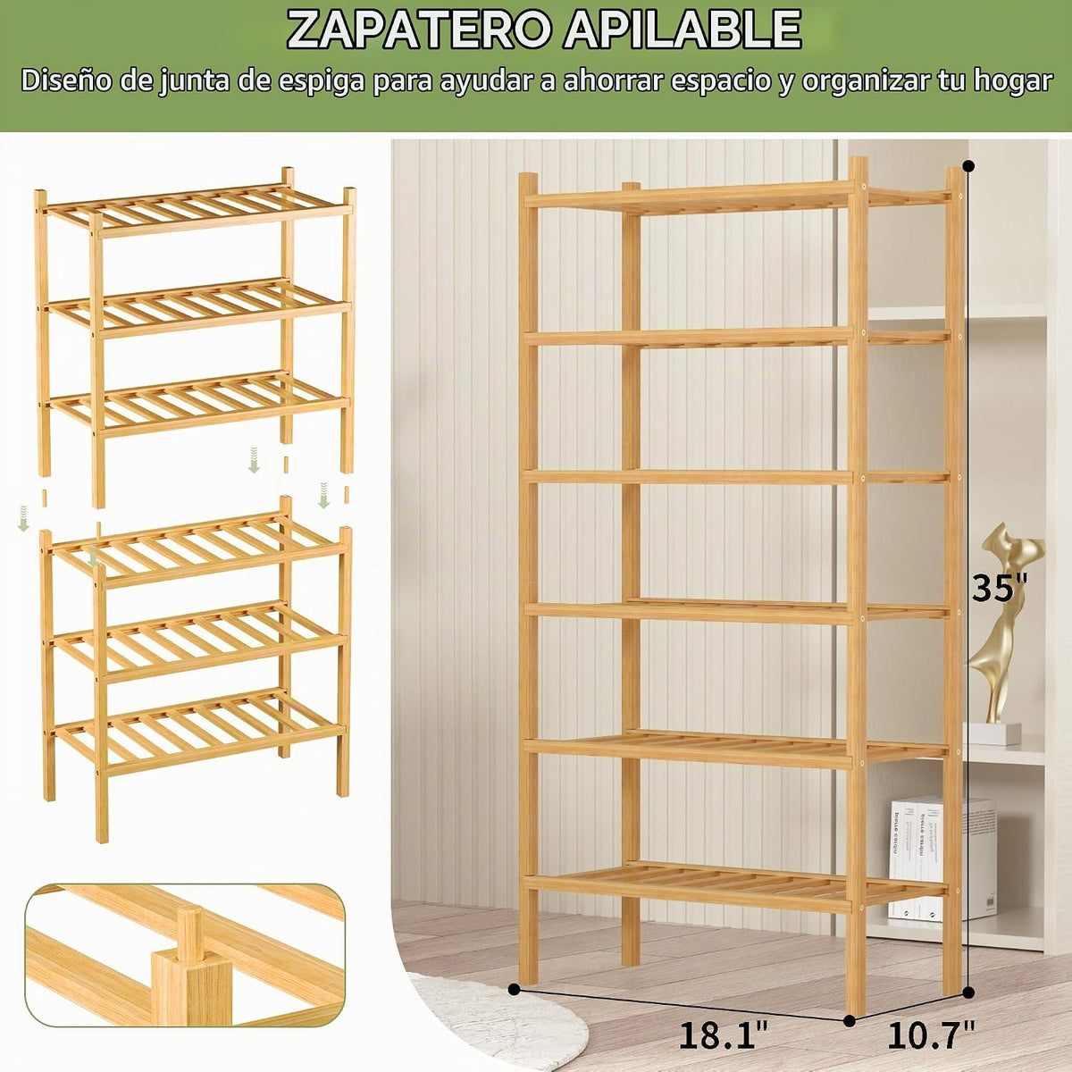 ROMGUAR CRAFT Zapatero pequeño de bambú de 6 niveles, estante de ma...