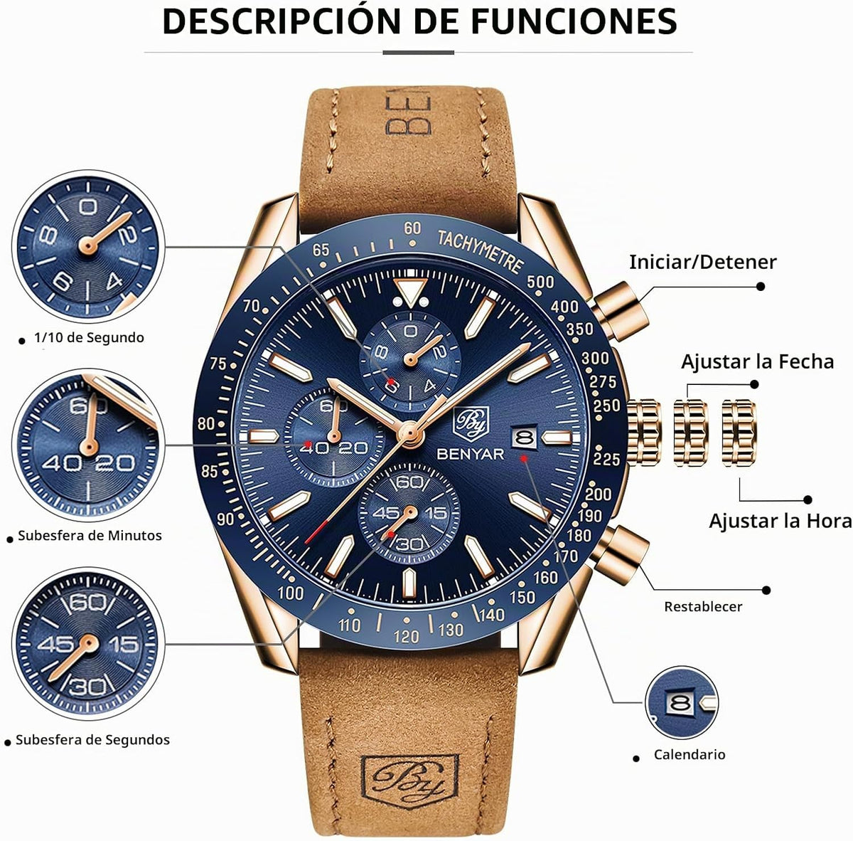 BENYAR Reloj para hombre analógico cronógrafo de cuarzo, impermeabl...