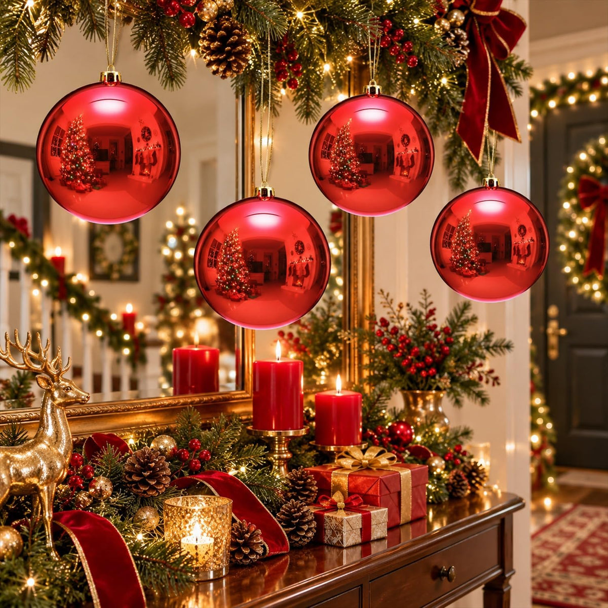 Zubebe - 4 bolas grandes de adornos de Navidad rojos brillantes de...