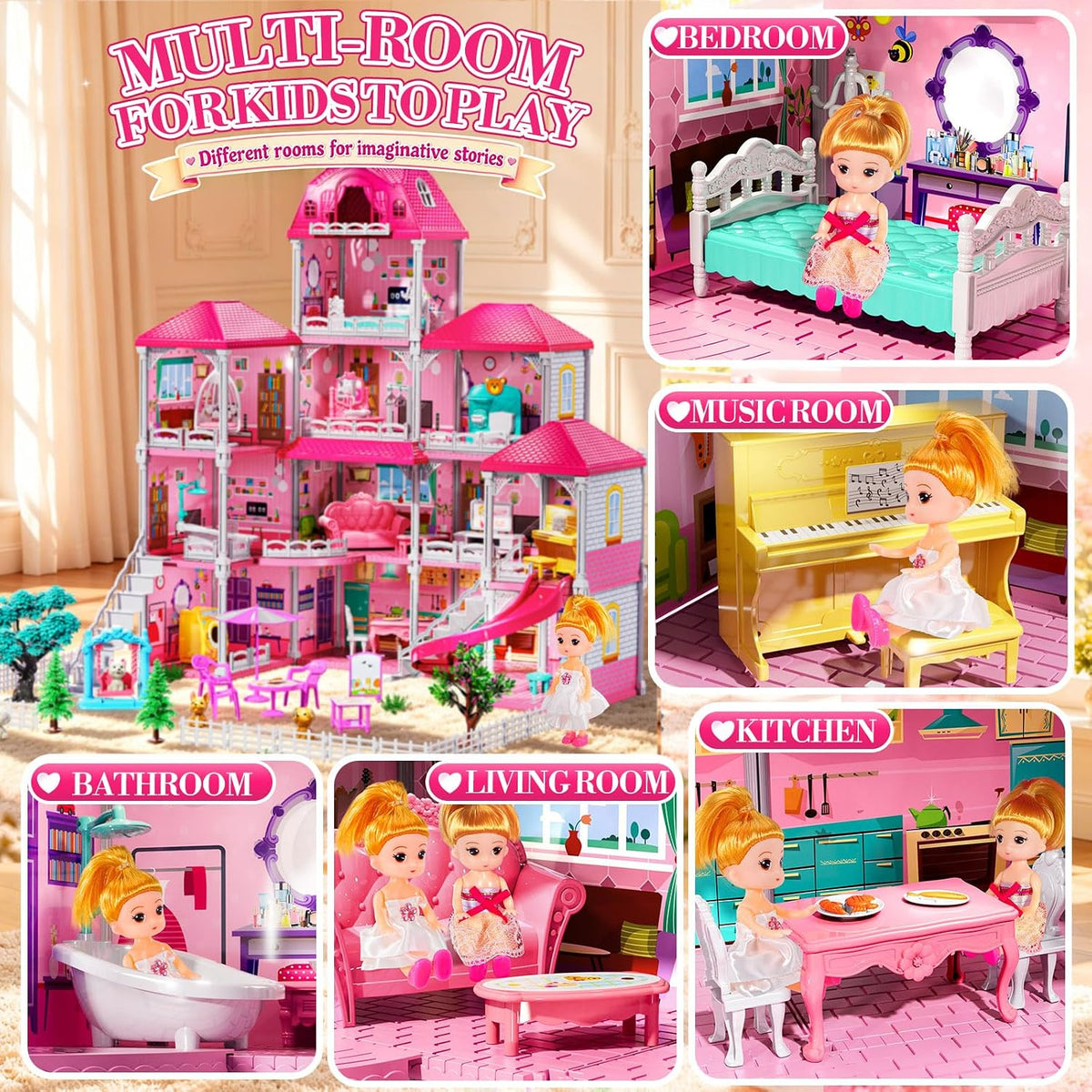 Casa rosa de 4 pisos para niñas de 3 años en adelante, juego de vil...