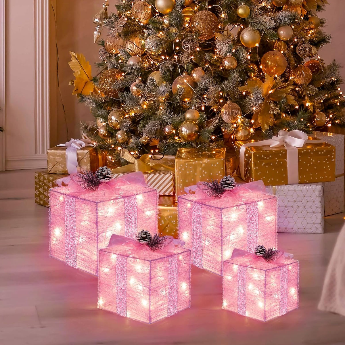 Juego de 4 cajas de regalo iluminadas de Navidad, decoración navide...