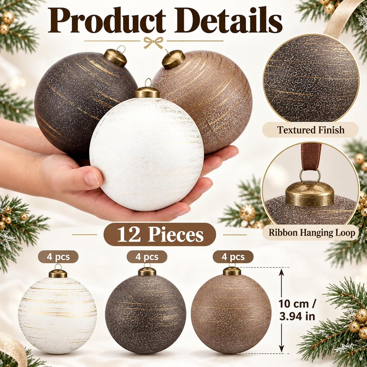 Yunlly 12 adornos de Navidad neutros, bronce gris pardo marfil, 4 p...