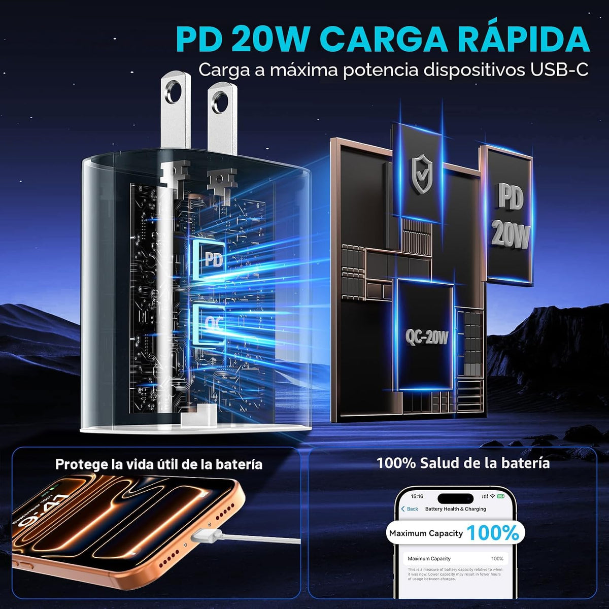 Teléfono 18 17 16 Pro Max Cargador Carga Rápida, 20W Teléfono Duo U...