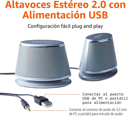 Amazon Basics Altavoces estéreo 2.0 para computadora con luces LED...