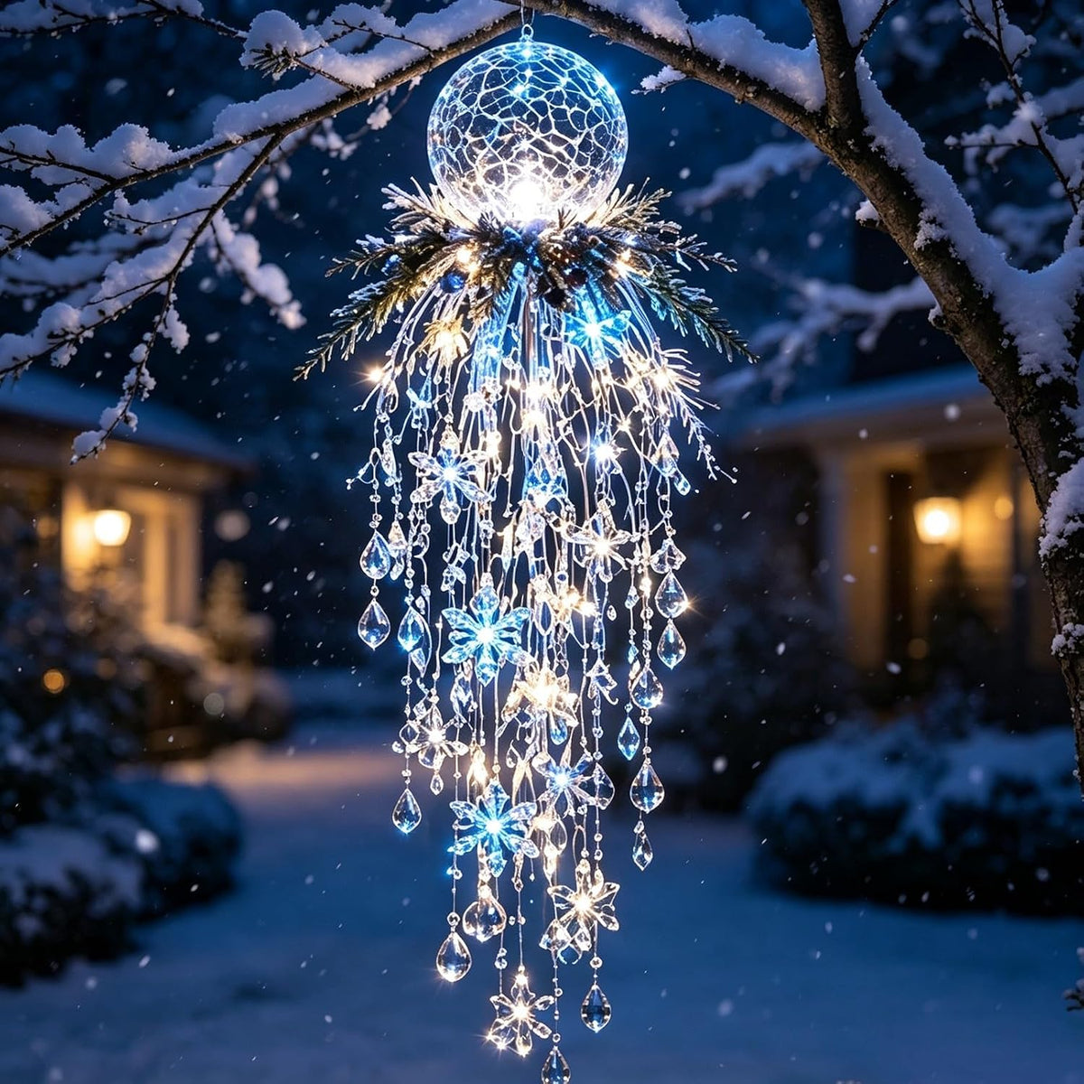Luz de Navidad en cascada de cristal, copo de nieve colgante y deco...