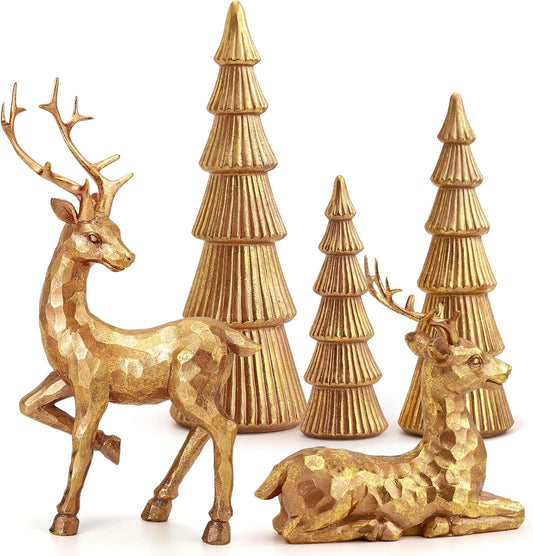 Hommtina Decoración navideña de reno y mini árboles, estatuas de re...