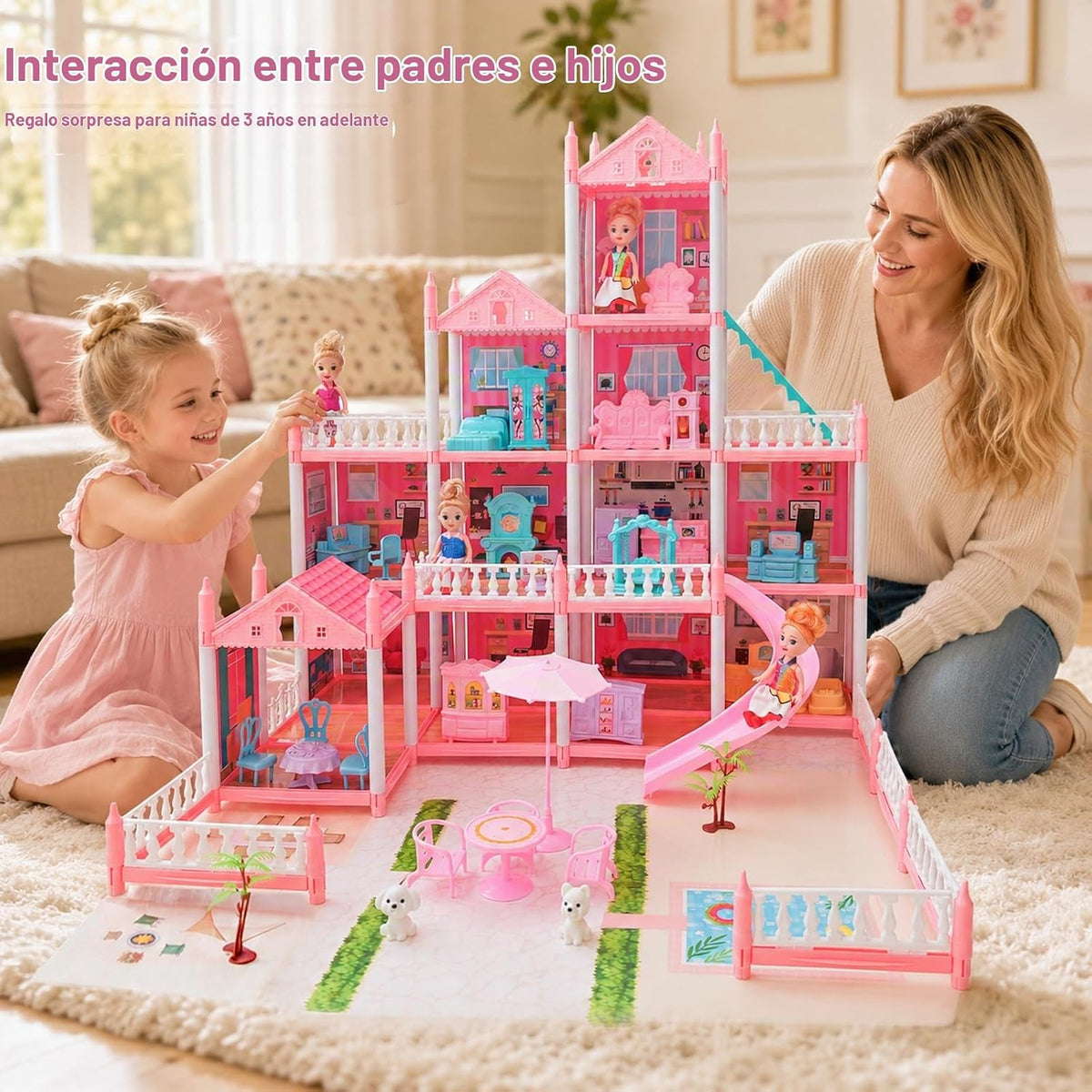 Casa de muñecas Dream para niñas, alfombrilla, luces, tobogán, muñe...