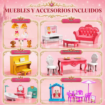 Casa de 4 pisos para niñas de 3 a 7 años, juego de villa con 2 muñe...
