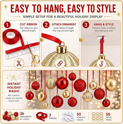 Relaxgiant - 36 bolas de Navidad para techo, color rojo y dorado |...