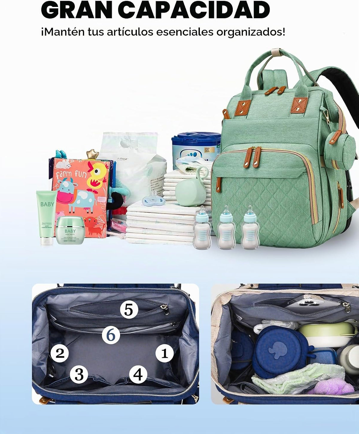 Bolsa de pañales con cambiador, mochila para bebé con cambiador ple...