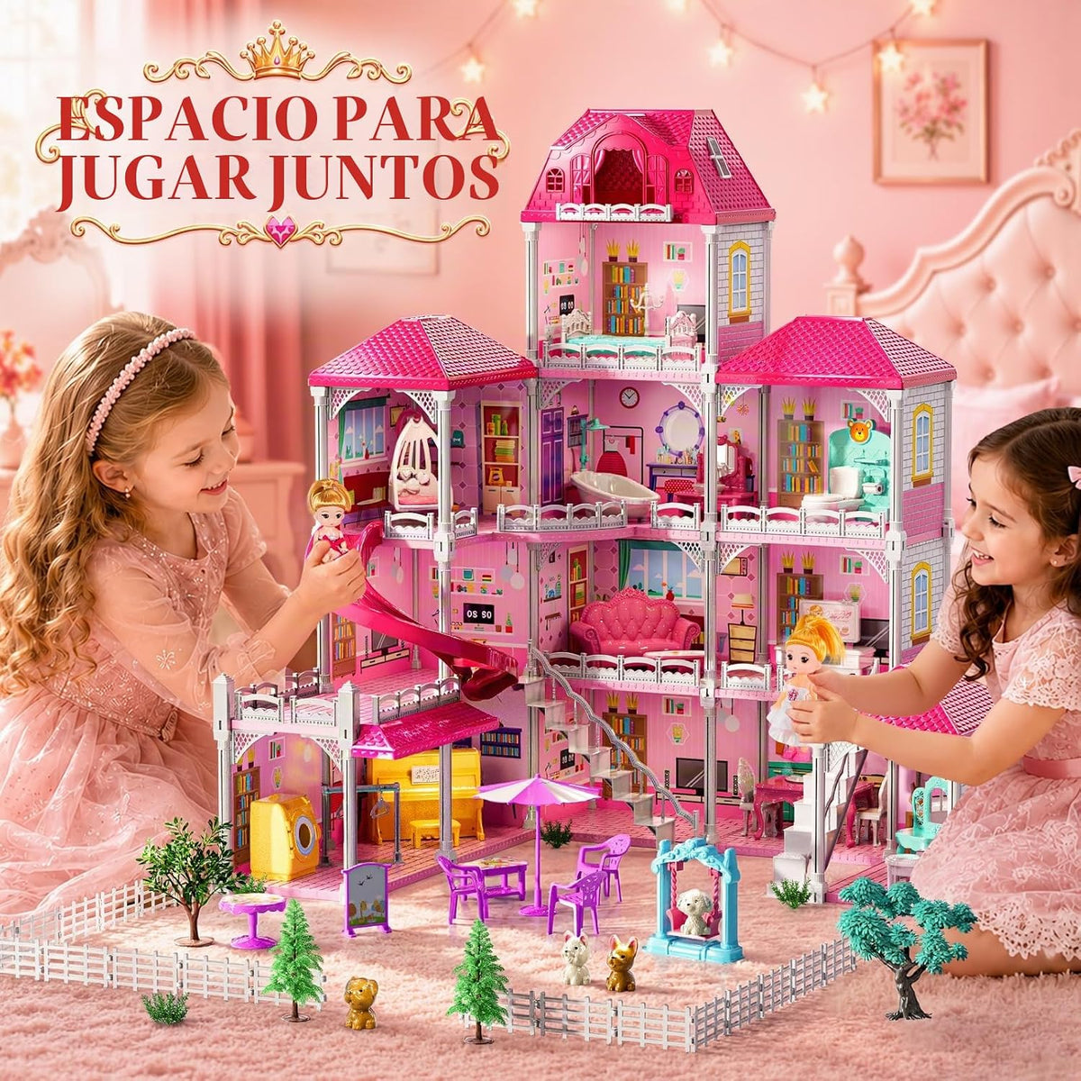 Casa de 4 pisos para niñas de 3 a 7 años, juego de villa con 2 muñe...
