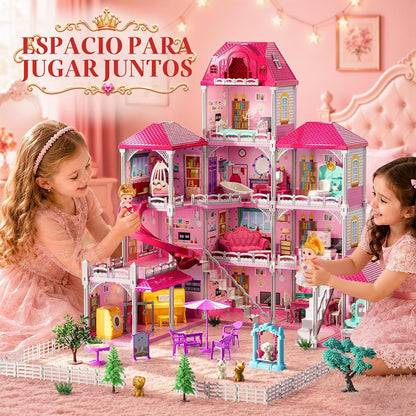 Casa de 4 pisos para niñas de 3 a 7 años, juego de villa con 2 muñe...