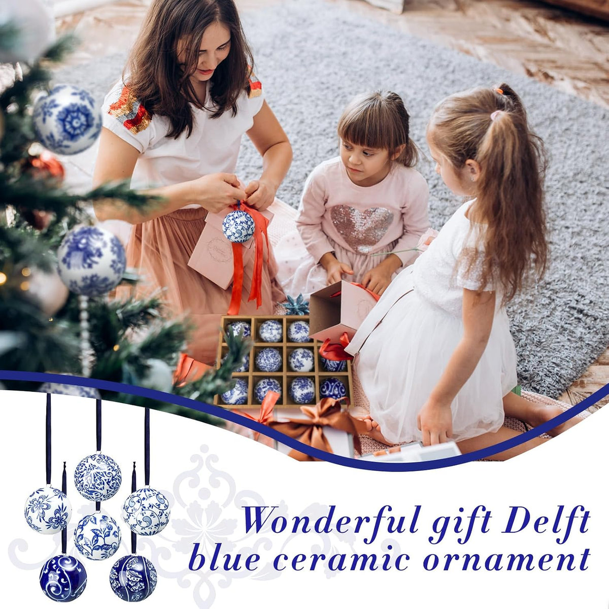Cindeer - 12 bolas de porcelana de Navidad azules y blancas, estilo...
