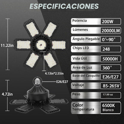 AUDLES - Paquete de 6 luces LED de garaje, 200 W, 20000 lm, 6500 K,...