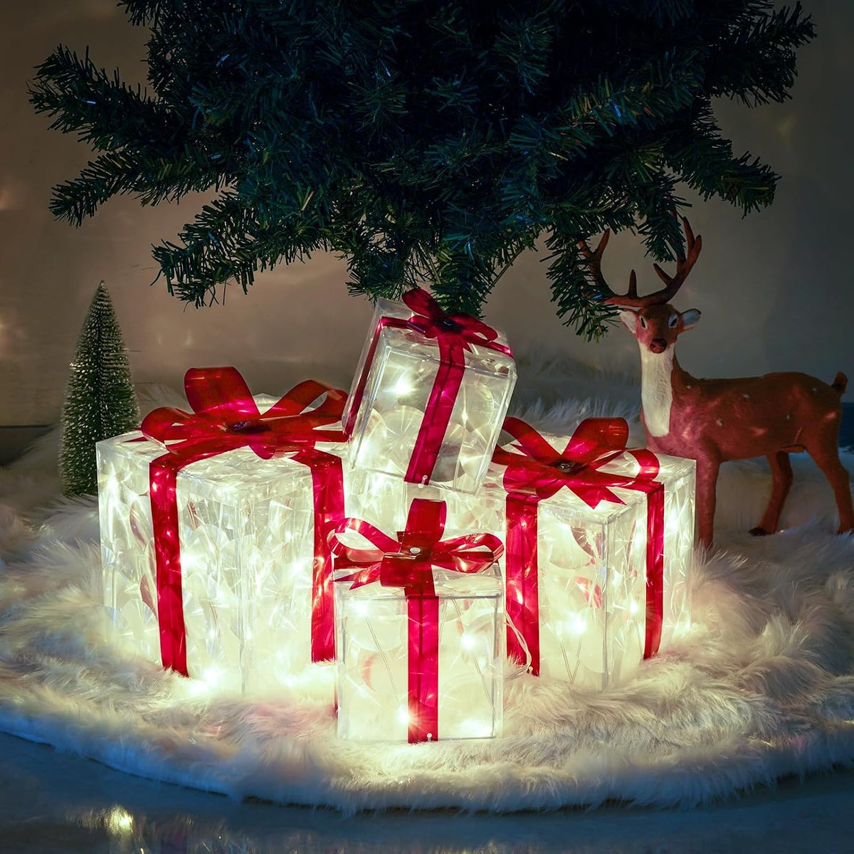 Paquete de 4 cajas iluminadas, decoraciones navideñas blancas frías...