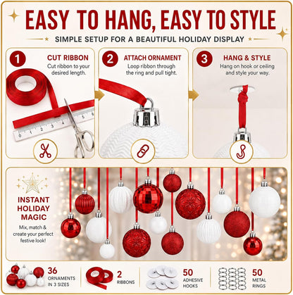 Relaxgiant - 36 bolas de Navidad para techo, color rojo, blanco | T...