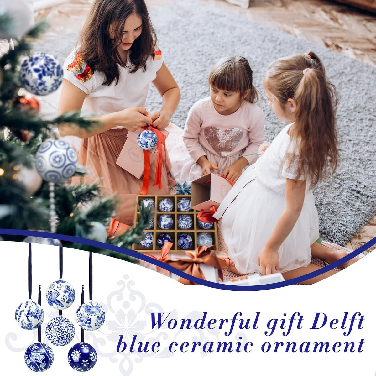 Cindeer - 12 bolas de porcelana de Navidad azules y blancas, estilo...