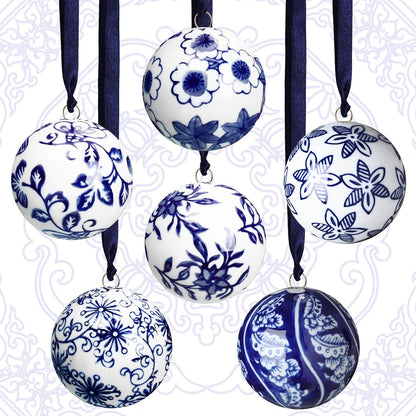 Cindeer - 6 bolas de porcelana de Navidad azules y blancas, estilo...