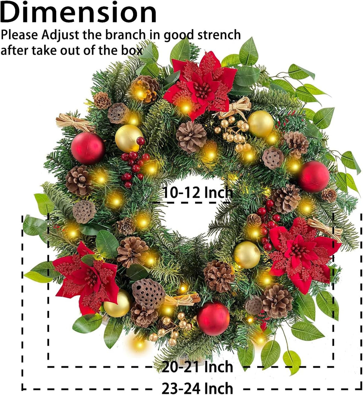 WANNA-CUL Corona de Navidad preiluminada de 24 pulgadas para puerta...