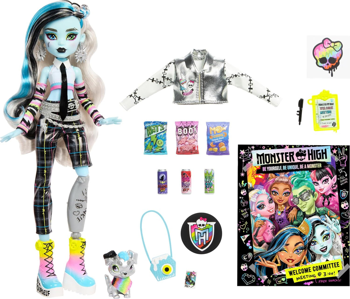 Monster High Muñeca Frankie Stein, juego de comité de bienvenida co...