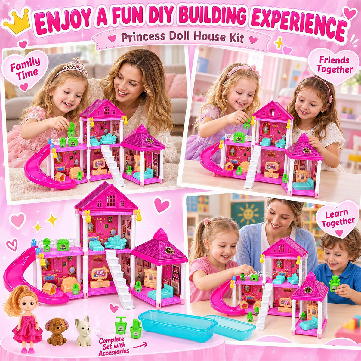 KLADNDER Casa de muñecas, juego de casa de muñecas de 2 pisos y 4 |...