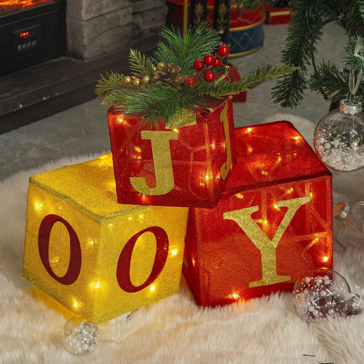 Hourleey Juego de 3 cajas de regalo iluminadas de Navidad, 60 luces...