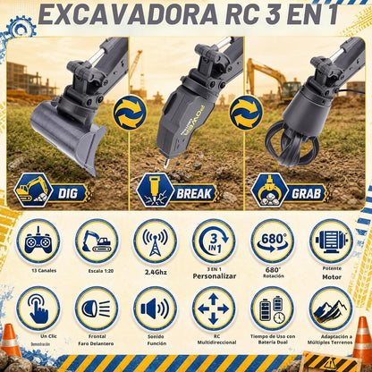 Juguetes teledirigidos del excavador 3-en-1, camión de la construcc...