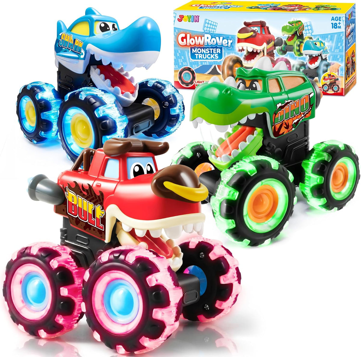 JOYIN - Paquete de 3 camiones monstruos de juguete, autos iluminado...