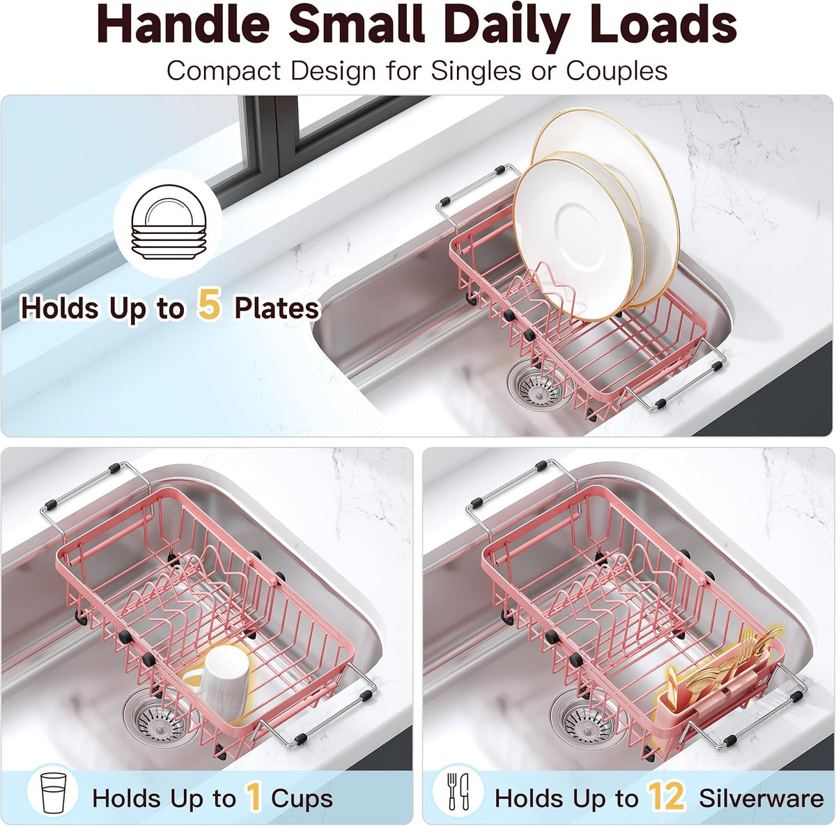 JASIWAY Mini escurridor de platos rosa para apartamentos compactos,...