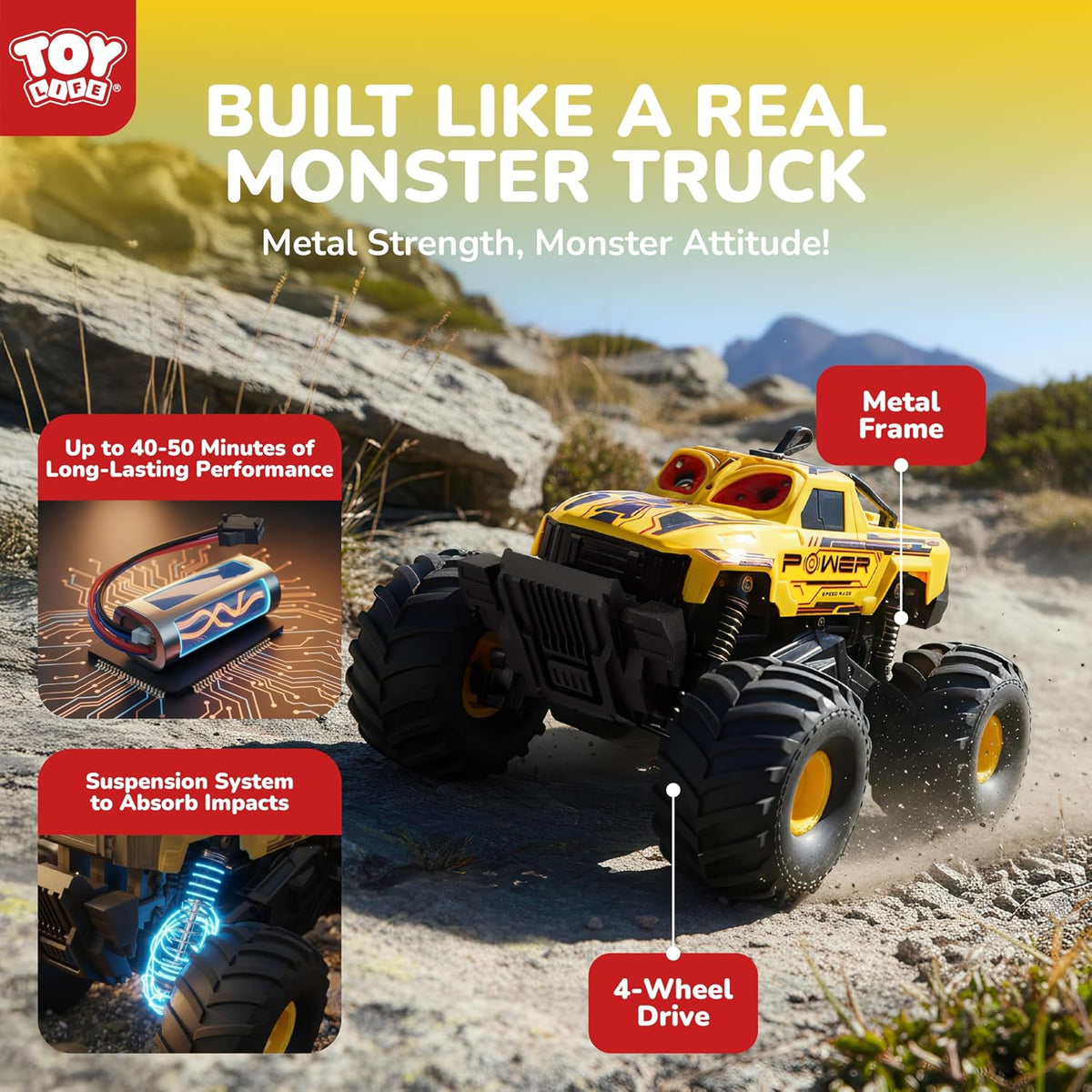 TOY Life Anfibio RC Monster Truck, spray de niebla y luces, amarill...
