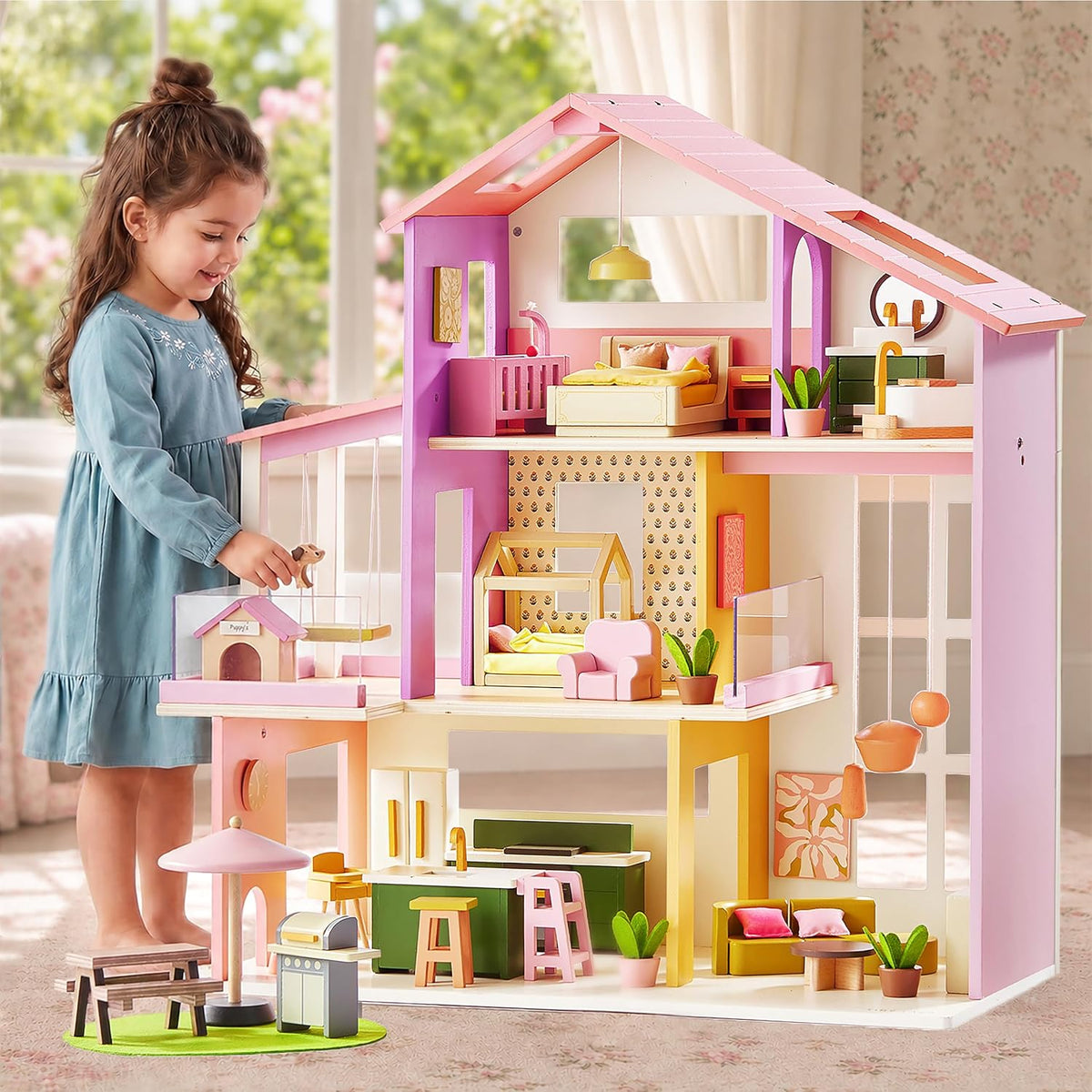 Tiny Land Casa de muñecas de madera, casa de muñecas familiar moder...