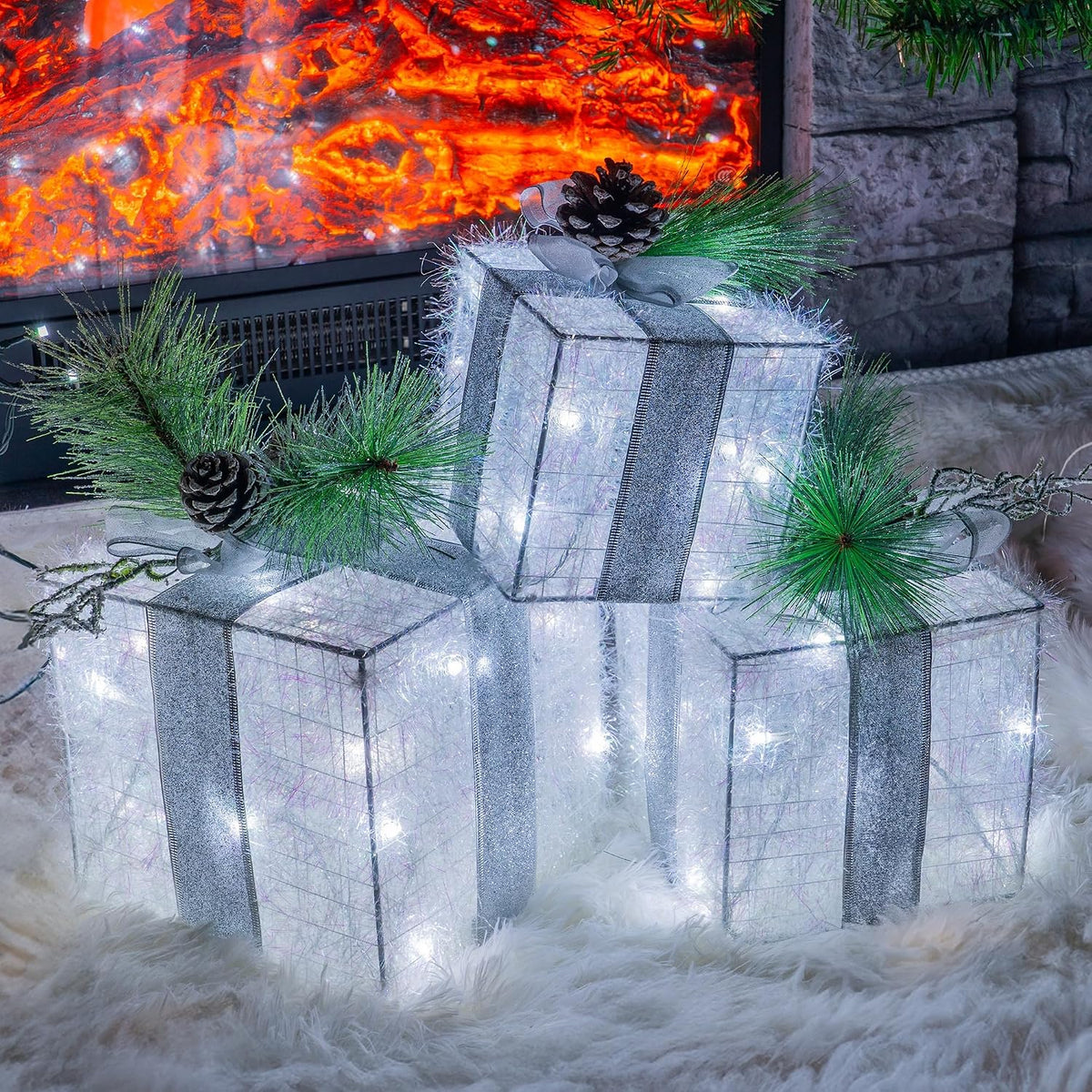 Hourleey - Juego de 3 cajas de regalo iluminadas de Navidad, 60 luc...