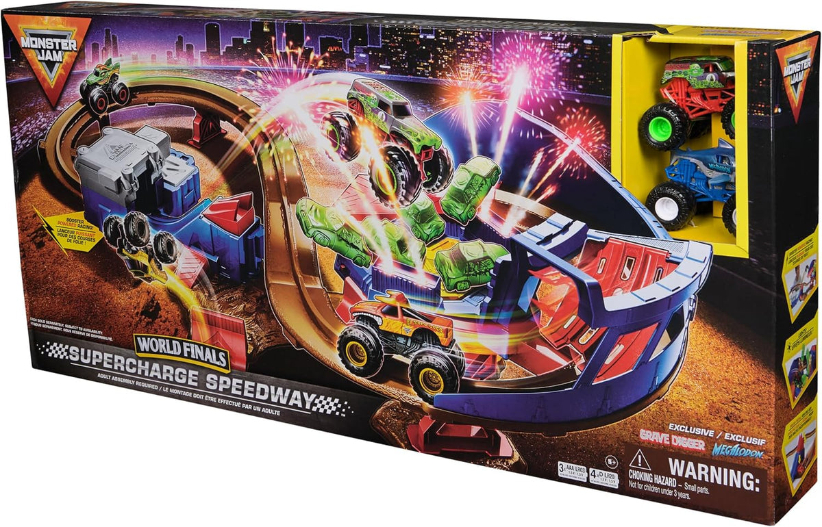 Monster Jam, Supercharge Speedway Playset, Megalodon y El Toro Loco...