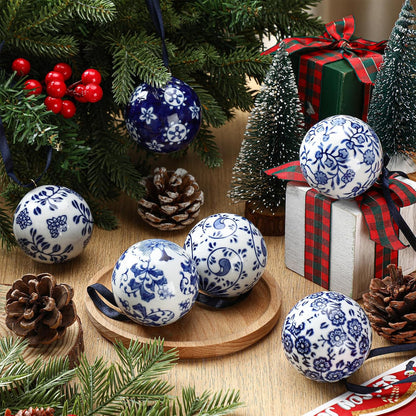 Cindeer - 6 bolas de porcelana de Navidad azules y blancas, estilo...
