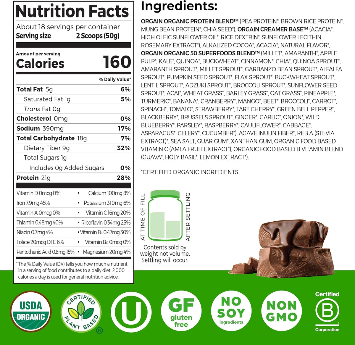 Orgain Proteína vegana orgánica 0.74 oz + superalimentos en polvo |...