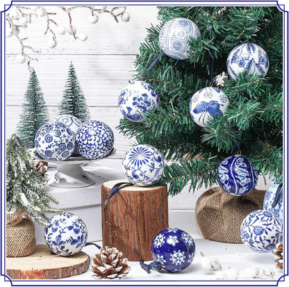 Cindeer - 12 bolas de porcelana de Navidad azules y blancas, estilo...
