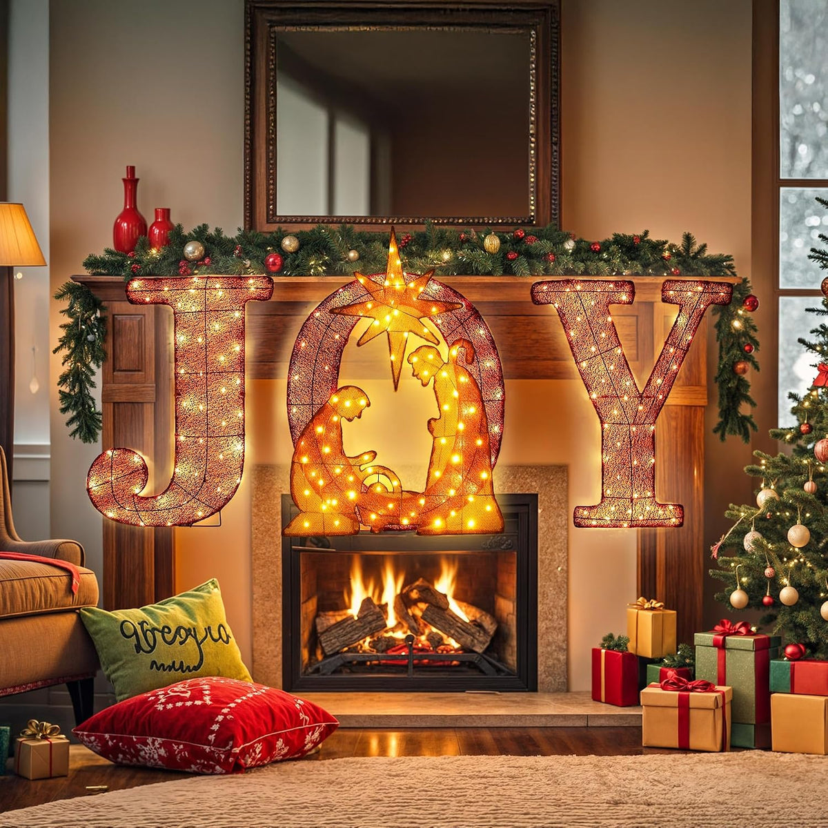 Decoración de letrero de alegría iluminado de Navidad con temporiza...
