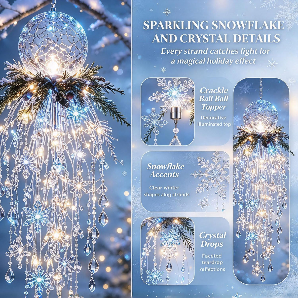 Luz de Navidad en cascada de cristal, copo de nieve colgante y deco...