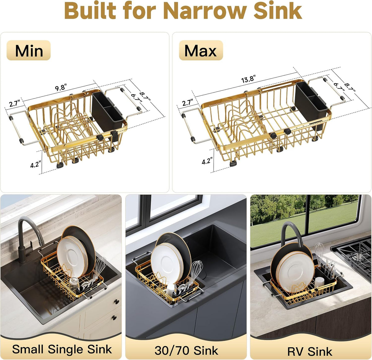 JASIWAY Mini escurridor dorado para colocar sobre el fregadero para...