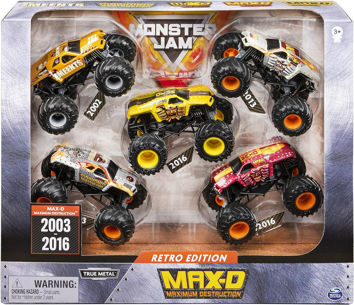 Monster Jam, Edición Retro Oficial Max-D Paquete de 5 Camiones Mons...