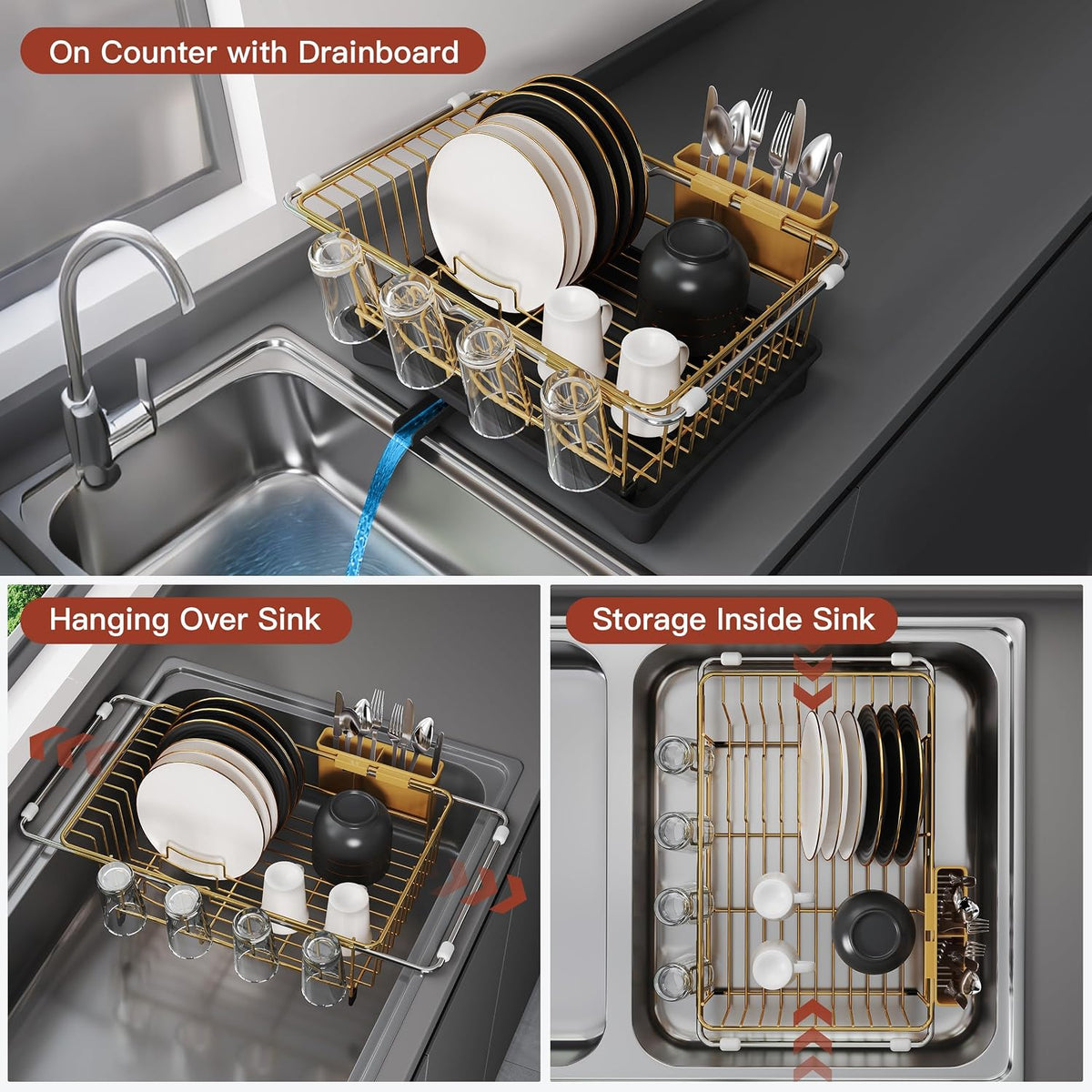 JASIWAY Escurridor de platos dorado en fregadero con escurridor y s...