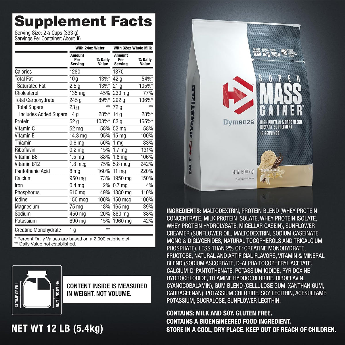 Dymatize Super Mass Gainer, 1.83 oz de proteína en polvo, vainilla...
